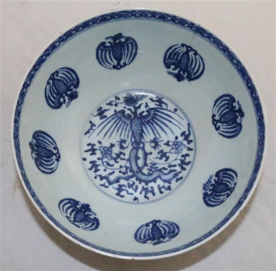 A Chinese blue and white phoenix bowl , Kangxi/Yongzheng period, 21.5cm, cracks